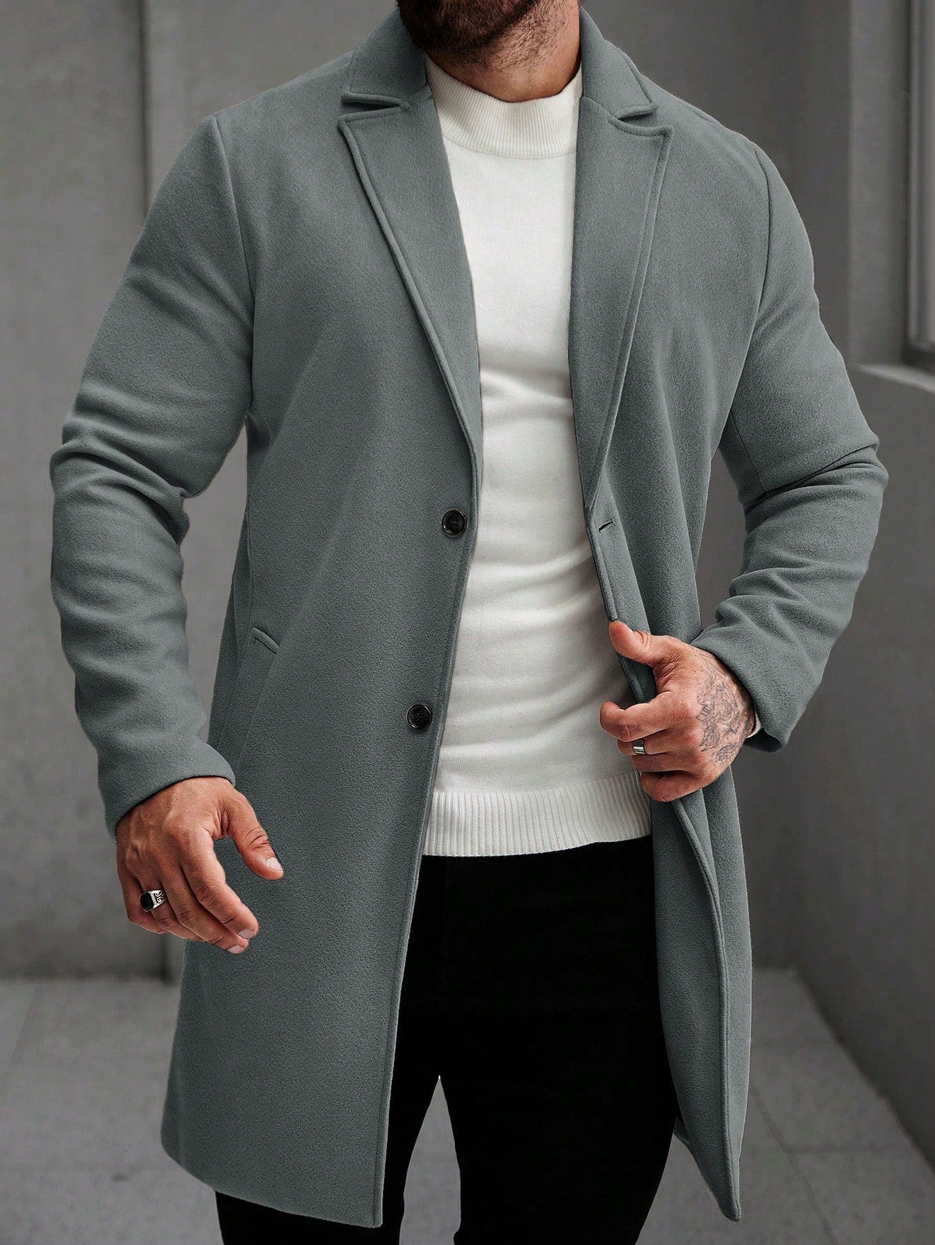 Manfinity Hypemode Men'S Solid Color Pocket & Button Front Long Sleeve Overcoat, Autumn Fall Clothes