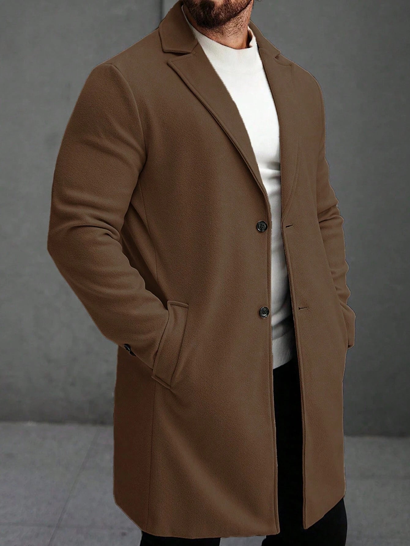 Manfinity Hypemode Men'S Solid Color Pocket & Button Front Long Sleeve Overcoat, Autumn Fall Clothes