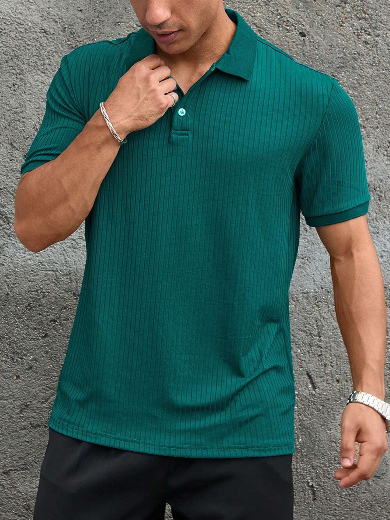 Manfinity Hypemode Men'S Solid Color Rib-Knit Polo Shirt