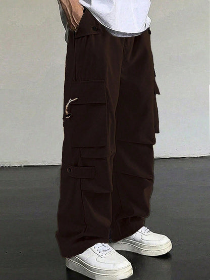 Manfinity EMRG Men'S Flap Pocket Drawstring Waist Cargo Pants Baggy Long Plain Going Out