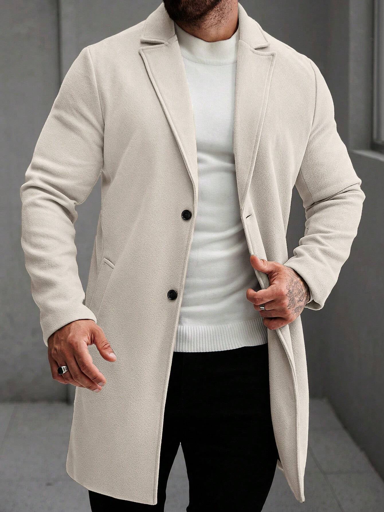 Manfinity Hypemode Men'S Solid Color Pocket & Button Front Long Sleeve Overcoat, Autumn Fall Clothes