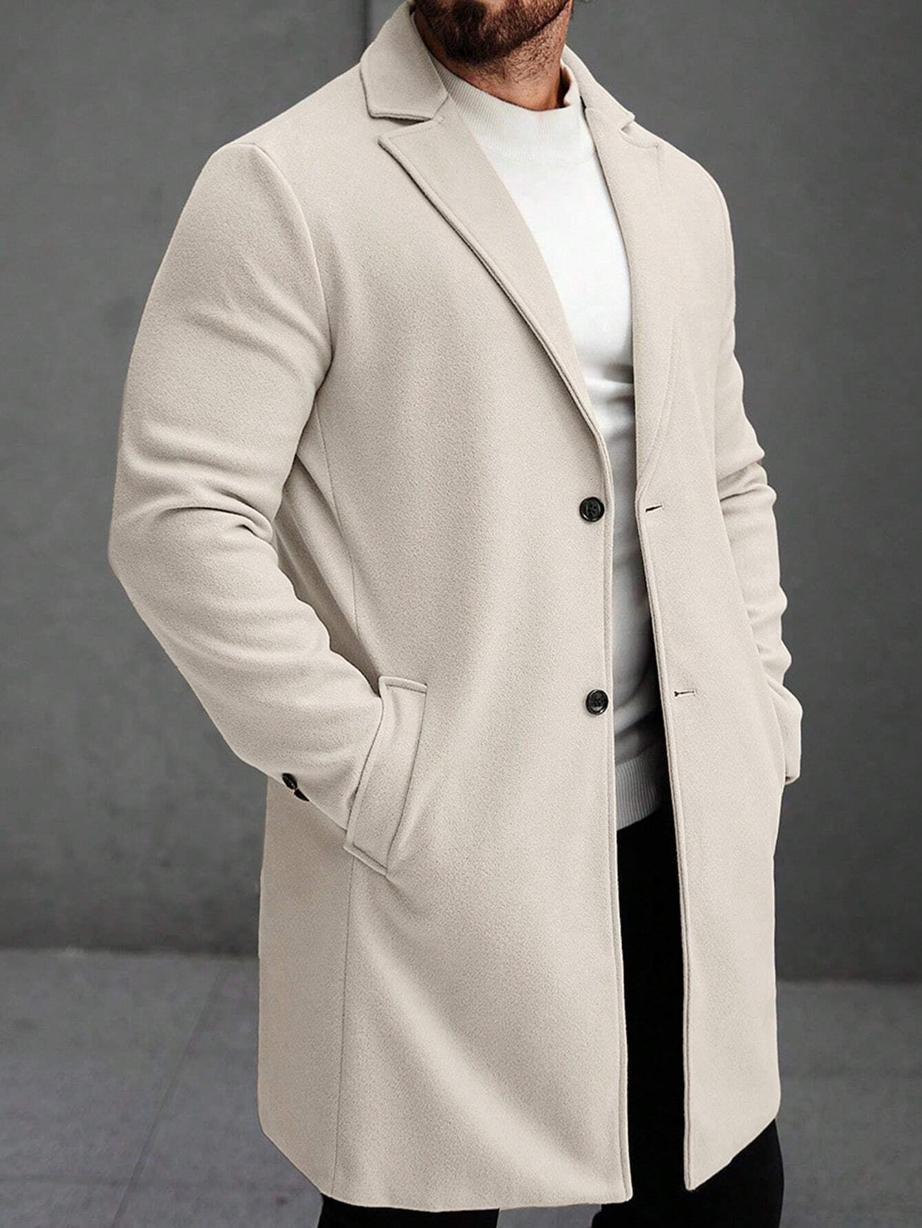 Manfinity Hypemode Men'S Solid Color Pocket & Button Front Long Sleeve Overcoat, Autumn Fall Clothes