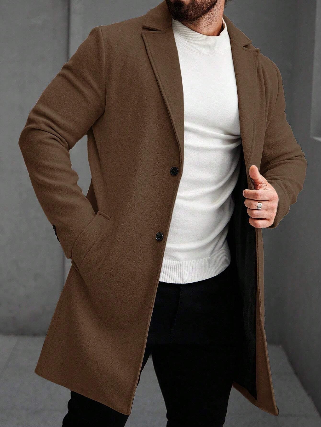 Manfinity Hypemode Men'S Solid Color Pocket & Button Front Long Sleeve Overcoat, Autumn Fall Clothes