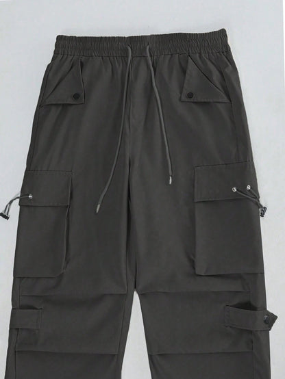 Manfinity EMRG Men'S Flap Pocket Drawstring Waist Cargo Pants Baggy Long Plain Going Out