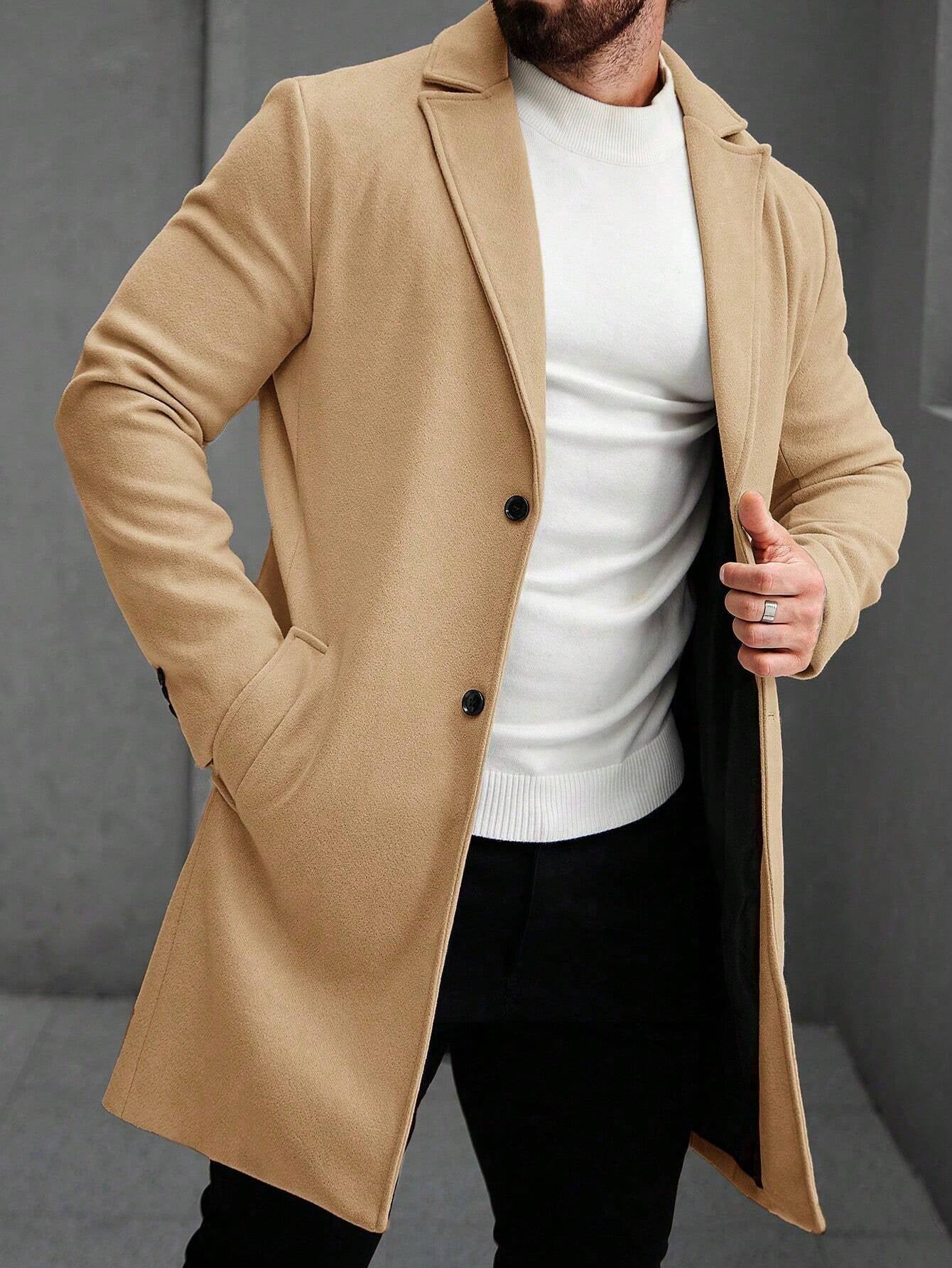 Manfinity Hypemode Men'S Solid Color Pocket & Button Front Long Sleeve Overcoat, Autumn Fall Clothes