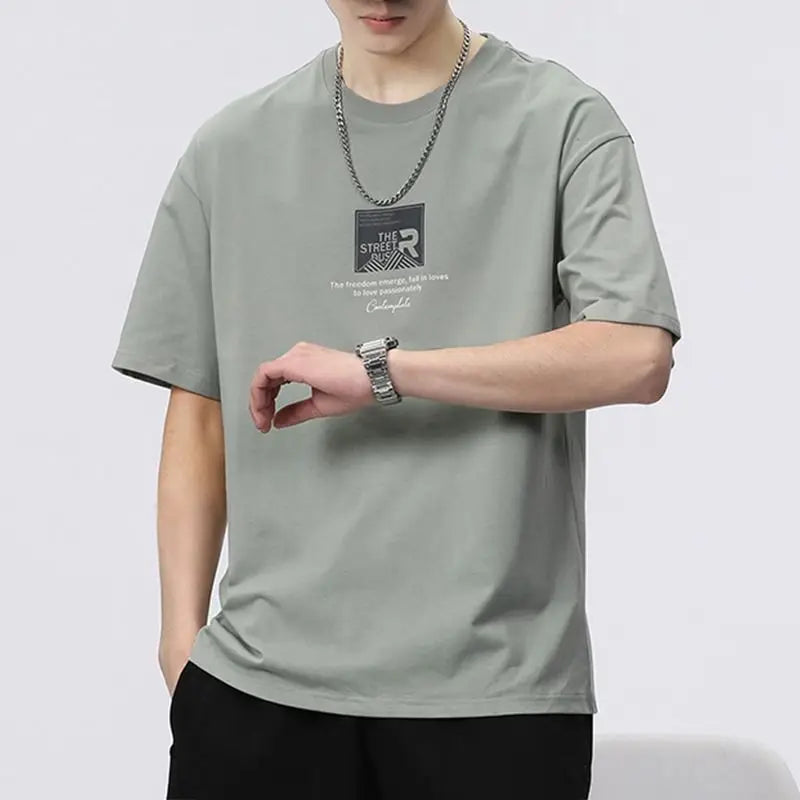 Men'S Clothing Short Sleeve Generous Printing Simplicity Handsome round Neck Pullovers Loose Solid Color Fashion Casual T-Shirts