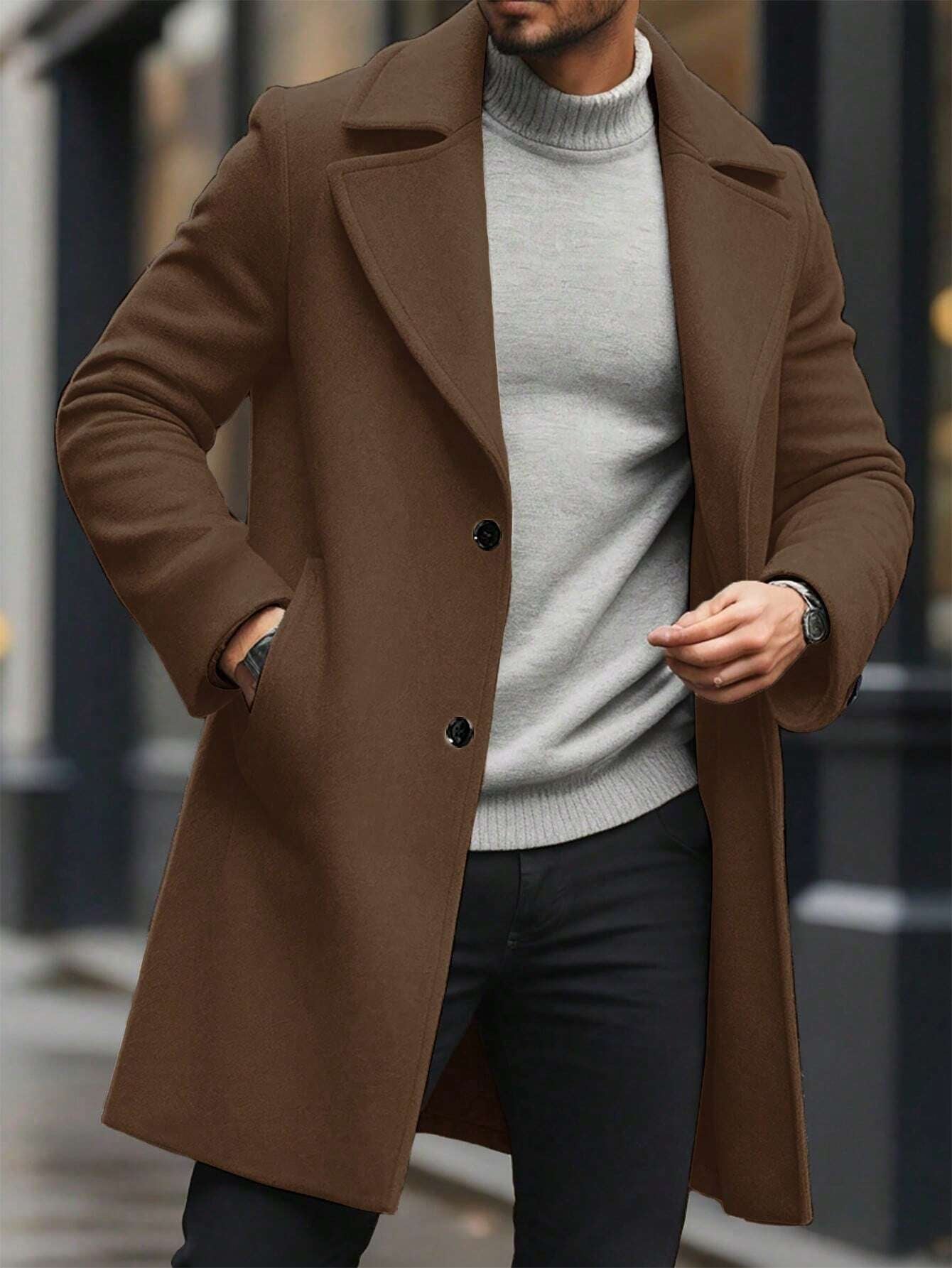 Manfinity Hypemode Men'S Solid Color Pocket & Button Front Long Sleeve Overcoat, Autumn Fall Clothes