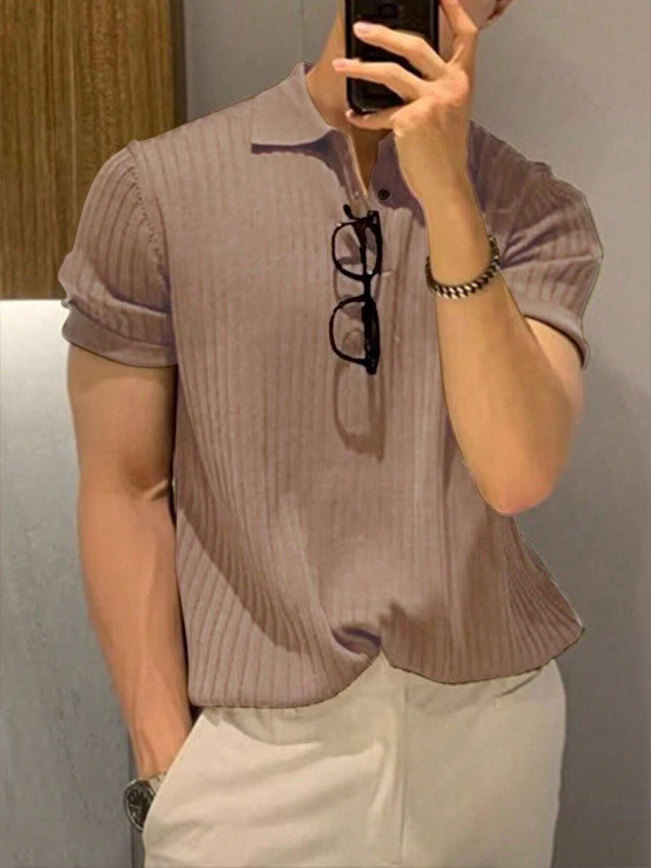 Manfinity Hypemode Men'S Solid Color Rib-Knit Polo Shirt