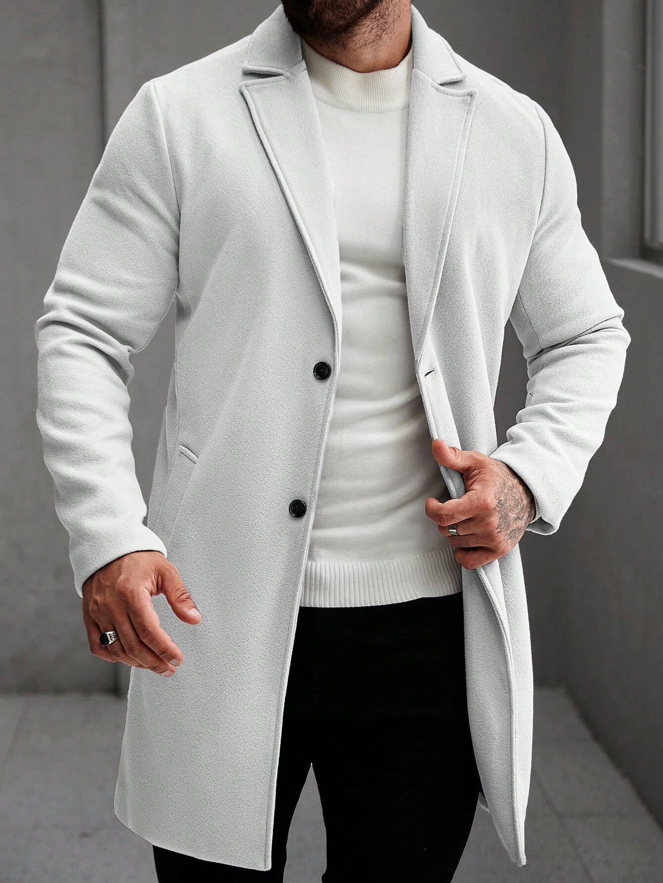 Manfinity Hypemode Men'S Solid Color Pocket & Button Front Long Sleeve Overcoat, Autumn Fall Clothes