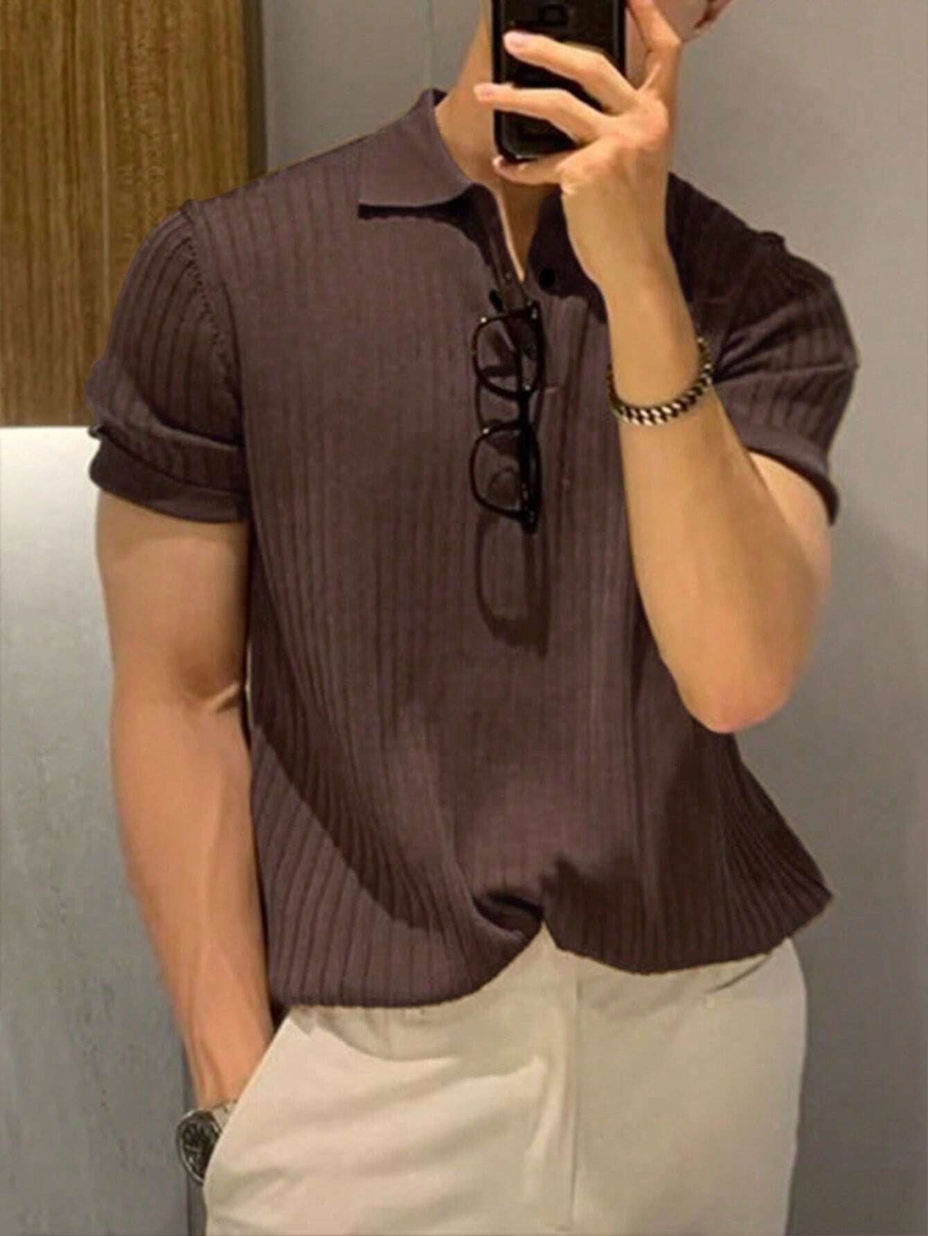 Manfinity Hypemode Men'S Solid Color Rib-Knit Polo Shirt