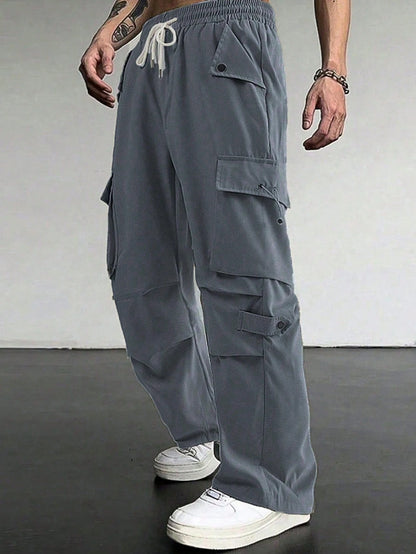 Manfinity EMRG Men'S Flap Pocket Drawstring Waist Cargo Pants Baggy Long Plain Going Out