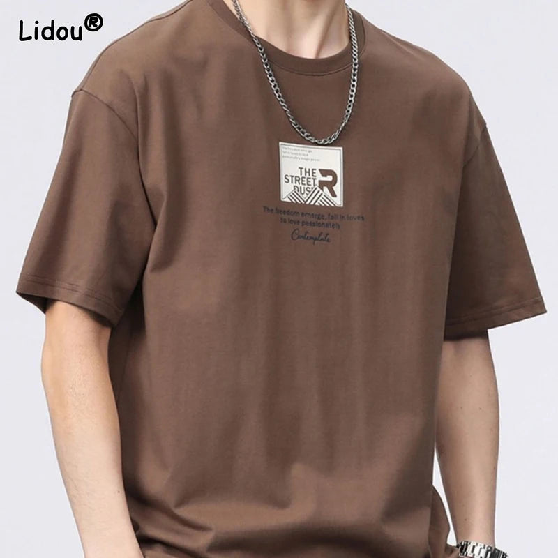 Men'S Clothing Short Sleeve Generous Printing Simplicity Handsome round Neck Pullovers Loose Solid Color Fashion Casual T-Shirts