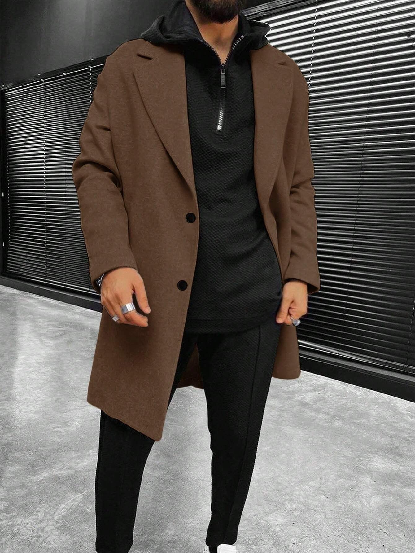 Manfinity Hypemode Men'S Solid Color Pocket & Button Front Long Sleeve Overcoat, Autumn Fall Clothes