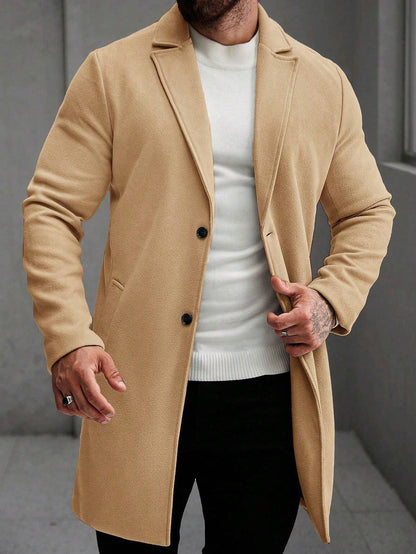 Manfinity Hypemode Men'S Solid Color Pocket & Button Front Long Sleeve Overcoat, Autumn Fall Clothes