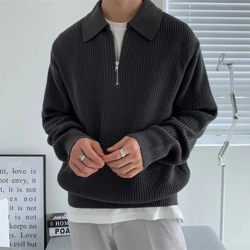 Autumn/Winter Men'S Half-Zip Sweater Japanese Vintage High-End Casual Style Knitted Top Loose Fit Lapel Pullover