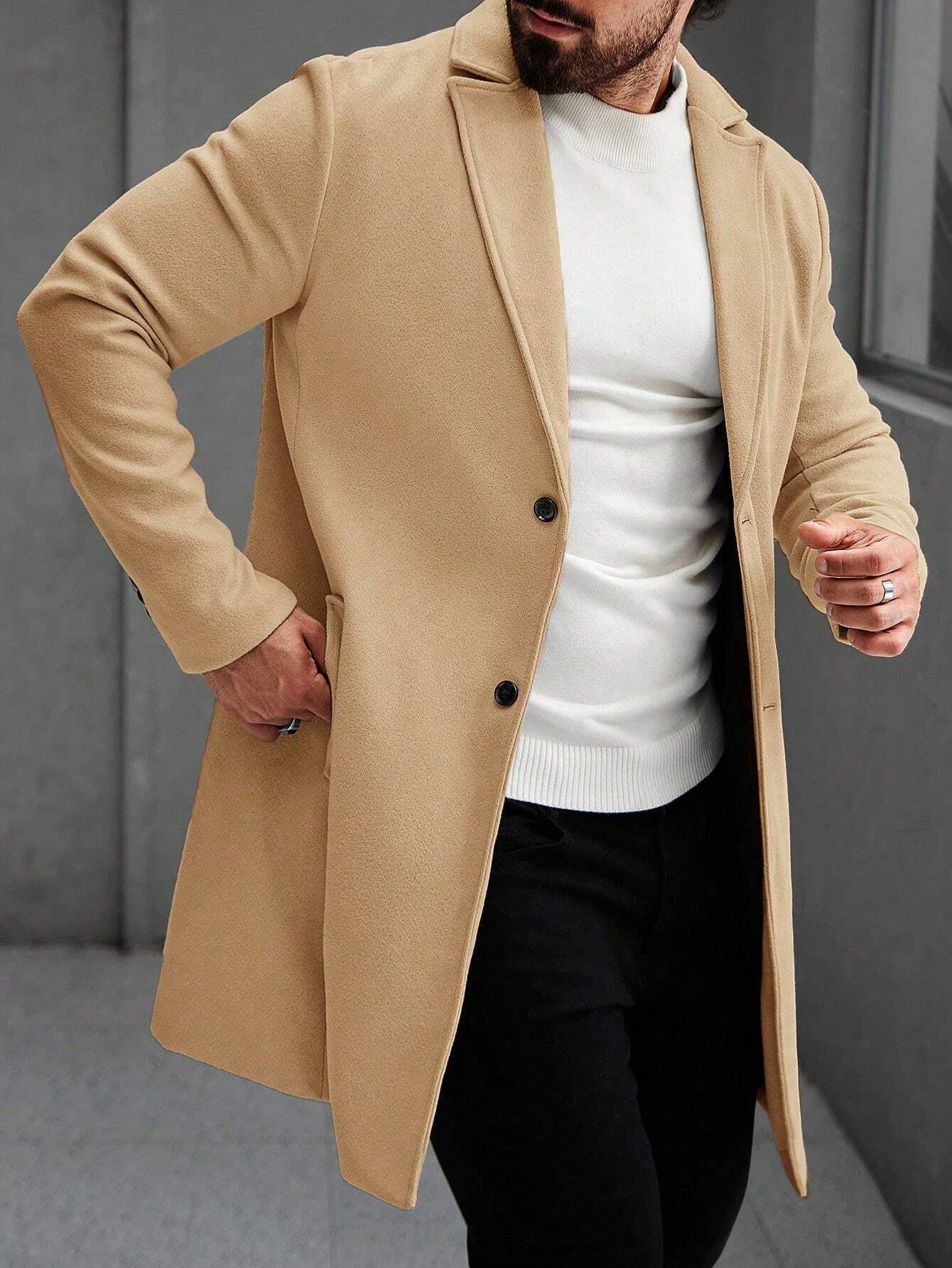 Manfinity Hypemode Men'S Solid Color Pocket & Button Front Long Sleeve Overcoat, Autumn Fall Clothes