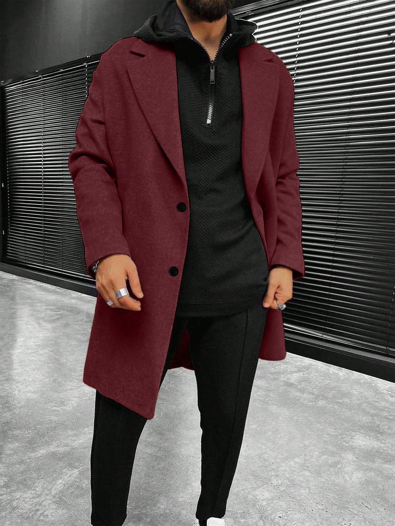 Manfinity Hypemode Men'S Solid Color Pocket & Button Front Long Sleeve Overcoat, Autumn Fall Clothes