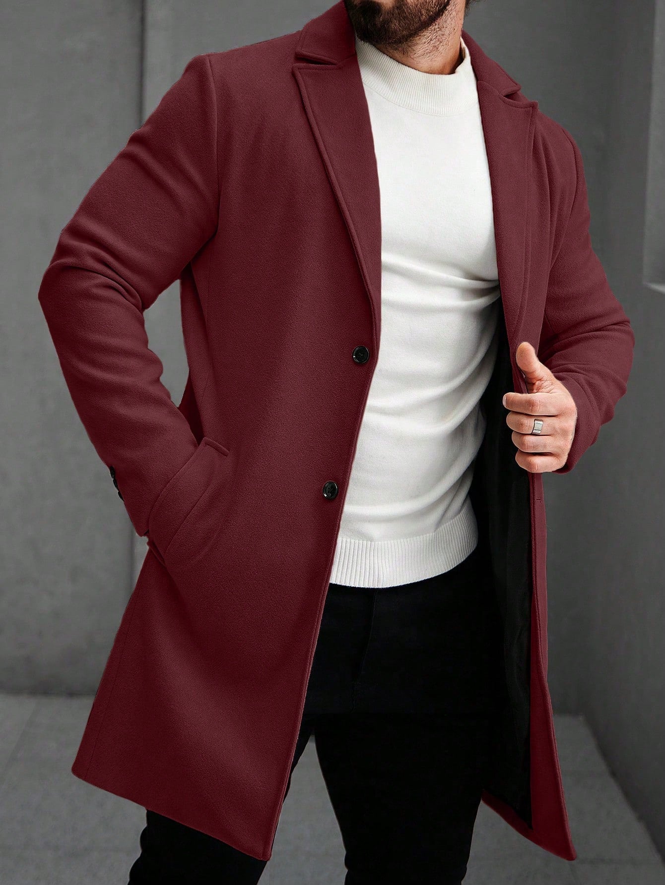 Manfinity Hypemode Men'S Solid Color Pocket & Button Front Long Sleeve Overcoat, Autumn Fall Clothes