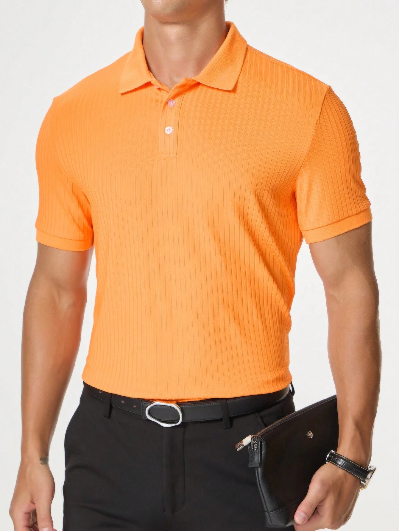 Manfinity Hypemode Men'S Solid Color Rib-Knit Polo Shirt